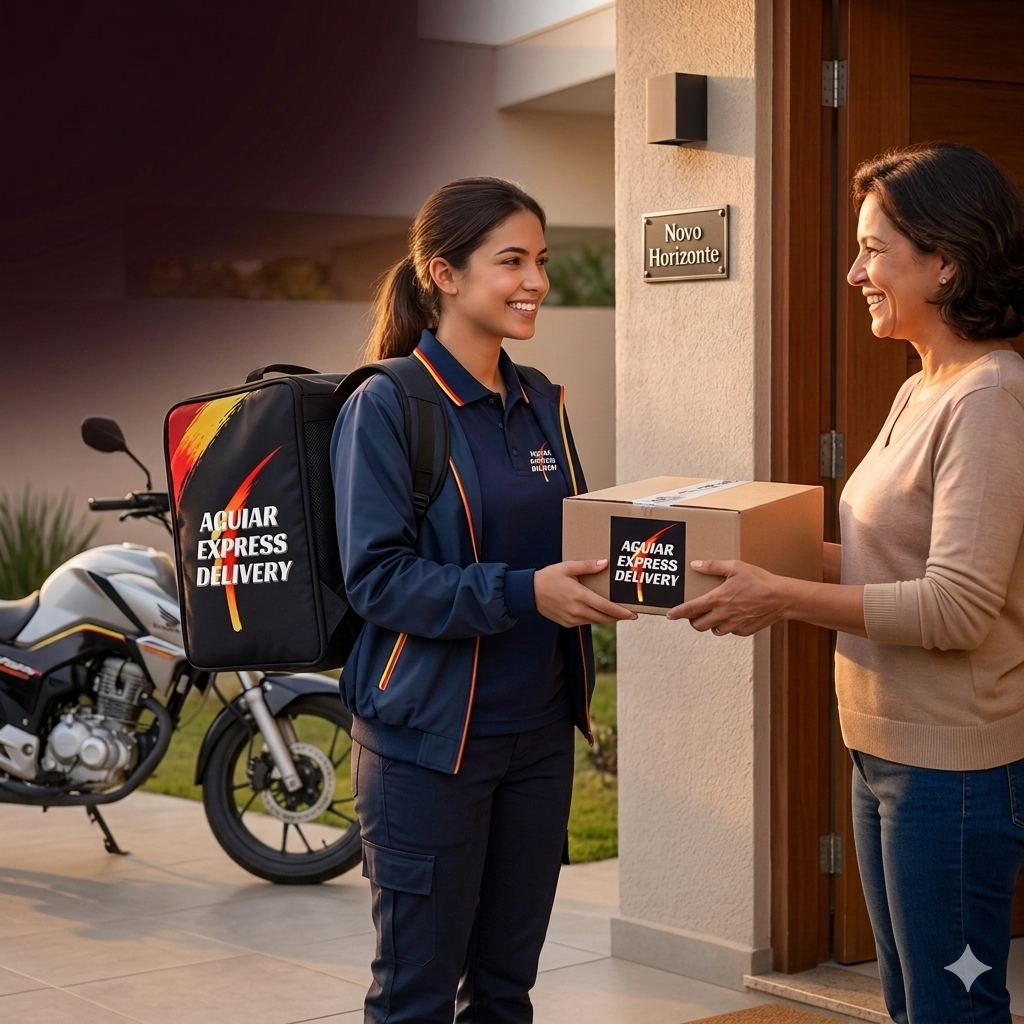 Entregadora da Aguiar Express realizando uma entrega em Novo Horizonte