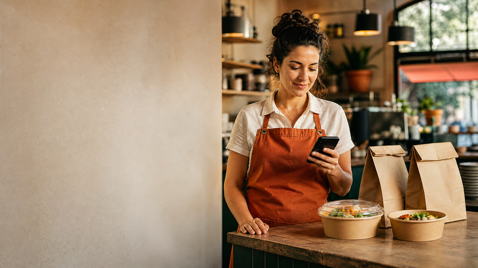Dona de restaurante conferindo pedidos do delivery em seu celular